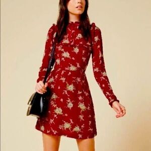 REFORMATION Myles Floral Red Mini  Length Long-sleeves Dress US 6